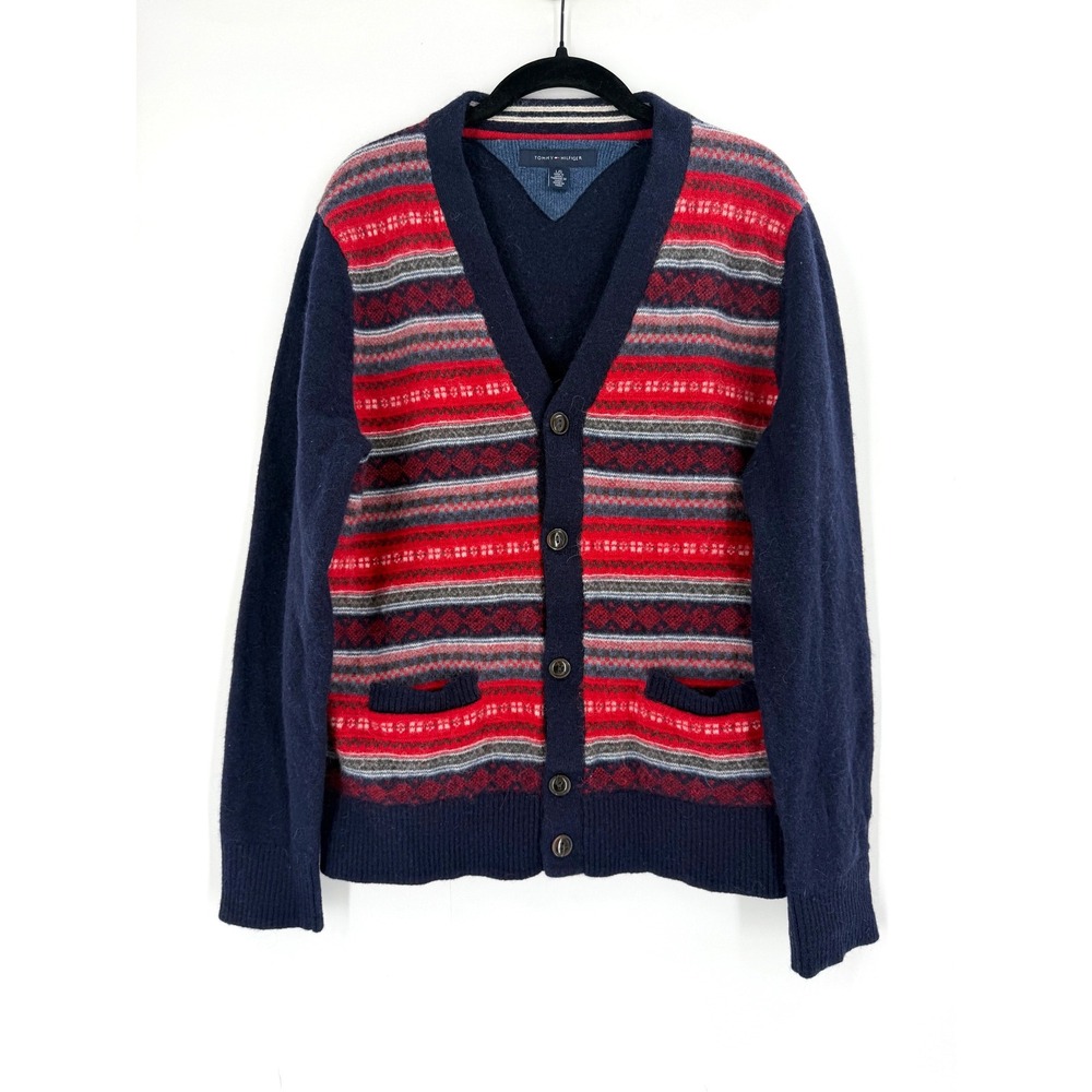 Tommy Hilfiger Cardigan Sweater Mens L Navy Blue Alpaca Wool Fair Isle Preppy
